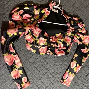 House of CB Black and Pink Floral Puff Sleeve Blouse